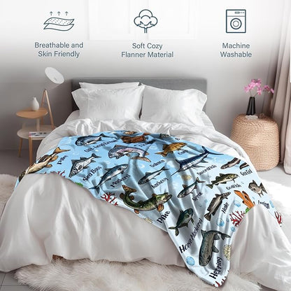 Fish Blanket Gifts for Fish Lover, Fishing Gifts for Men Boys, Fishing Decor, Soft Throw Blanket, Birthday Christmas Thanksgiving Gifts for Aquarium Lovers, 50" X 60"