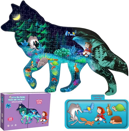 OLMZIHYVD Jigsaw Puzzles for Kids Ages 6-8, 156 Pieces Glow in The Dark Wolf Floor Puzzle, Educational Gifts for Boys Girls and Animal Lovers, Ideal for Indoor and Outdoor Play, 29.1" × 23.1"
