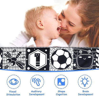 KUANGO Newborn Toys Black and White Baby Toys 0-3 Months High Contrast Baby Toys for Newborn - High Contrast Baby Soft Book Infant Tummy Time Toys Crinkle Sensory Toys for Brain Development
