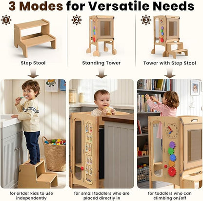 Toddler Tower Foldable Toddler Kitchen Stool Helper with 2 Step Stool, Safety Net, Adjustable Height, Chalk-Whiteboard& Montessori Activity