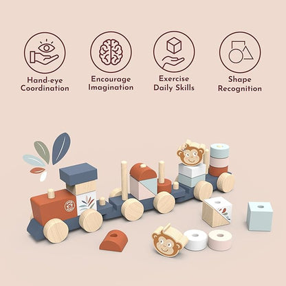 Speedy Monkey Wooden Pull-Along Train Stacker – Soft Colors, Monkey Character, Stacking Blocks, Build Houses | Non-Toxic Paint, Creative Fun, Ideal for Kids, Educational Toy for Toddlers