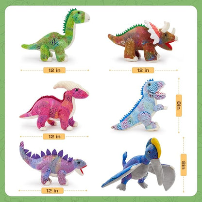MaoGoLan 6 Pack Dinosaur Stuffed Animals Bulk 12in Dinosaur Plush Toy Collectible Dino Squad (T-Rex Velociraptor Stegosaurus Triceratops Pterodactyl), Kids Girls Boys Christmas