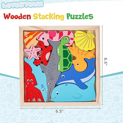 LovesTown Wooden Sea Animal Stacking Puzzles, Chunky Montessori Jigsaw Toys for Kids, Educational Preschool Learning Toys, Toddler Birthday Gifts, 12 PCS