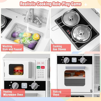 Costzon Kids Kitchen Playset, Wooden Toddler Play Set w/Real Lights & Sounds, Sink, Faucet, Water Dispenser, Microwave, Oven, Washing Machine, Little Chef Pretend Play Kitchen for Kids Ages 3+
