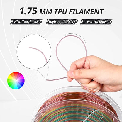 AMOLEN TPU 3D Printer Filament, Transparent Multicolor Rainbow TPU 1.75mm, Color Change Flexible Soft TPU 3D Printing Filament Supports High Speed, 1kg Spool(2.2lbs)