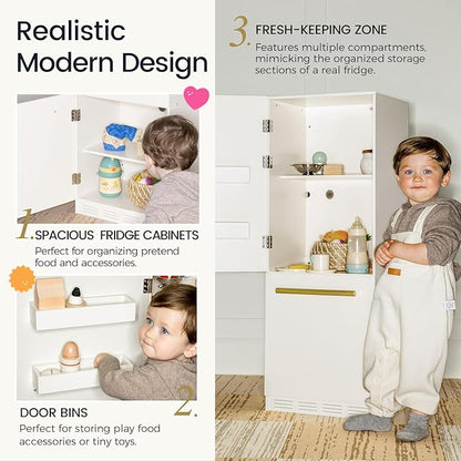 Tiny Land Wooden Toy Fridge with Spacious Storage, Realistic Play Kitchen Refrigerator for Kids’ Pretend Play with Three Freezer Magnets