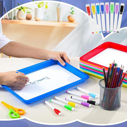 Magnetic Dry Erase Activity Trays Set 9.44 x 13 Inches Classroom Stackable Magnetic Trays with 8 Colorful Dry Erase Markers Letter White Board for Kid Teacher Supplies(12 Pcs,Bright Colors)