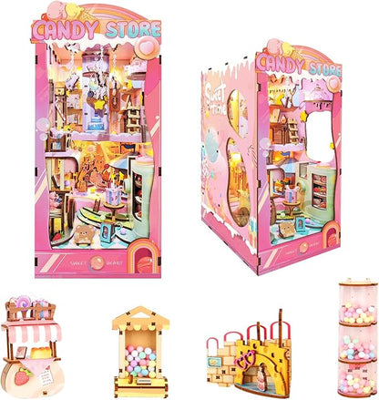 DIY Book Nook Kit,Miniature Candy House Kit for Adults,Booknook Dollhouse Kit Bookshelf Decor Tiny House Kit,3D Wooden Puzzle with LED Dust Proof,Diorama Crafts Birthday Gifts Girlfriend Valentine's