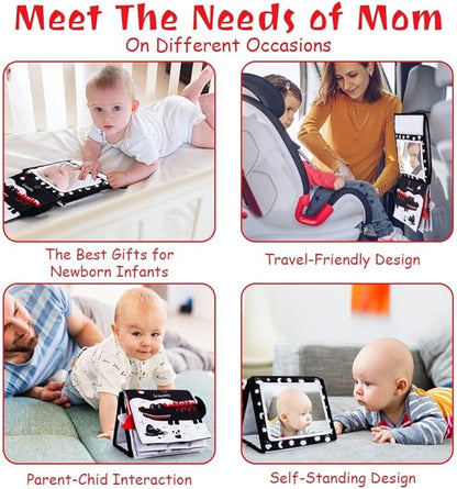 Tummy Time Mirror, Baby Tummy Time Toys with Soft Book, Black and White High Contrast Baby Toys, 3D Activity Sensory Montessori Toys Crawling Mat