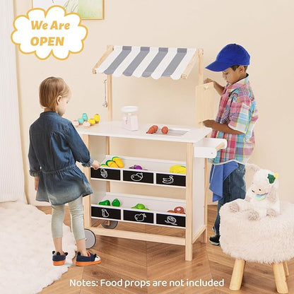 Costzon Kids Pretend Play Grocery Store, Wooden Ice Cream Cart Toy Set for Kids with Ice Cream Making Counter, Scale, Bell, Display Shelves, Blackboard, Canopy, Wheels, Gift for Toddlers (White)