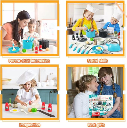 Bruvoalon 32Pcs Kids Play Kitchen Toys Set, Toddlers Pretend Cooking Playset Acccessories with Pots Pans, Utensils Cookware, Foods, Canned Veges, Learning Gift for Kids Girls Boys (Turquoise)
