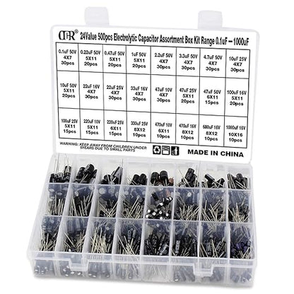 OCR Capacitor Kit, 500Pcs 24 Values Aluminum Electrolytic Capacitor Kit, Range 0.1uF - 1000uF 10V - 50V Assortment Kit for Electronic Repairs on Circuit Boards