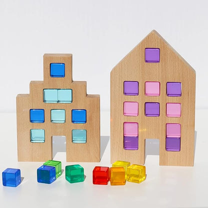 Candywood Rainbow Acrylic Gem Cubes Blocks Children Educational Sensory Training Crystal Toys Baby Learn Color Light Shadow Stacking Toys (30-Pcs)