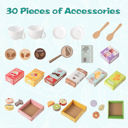 HONEY JOY Kids Grocery Store Playset, Wooden Play Store w/Coffee Maker & Vending Machine, Toddler Supermarket Checkout Stand w/Cash Register, Display Shelves, Play Food, Grocery Store Pretend Play