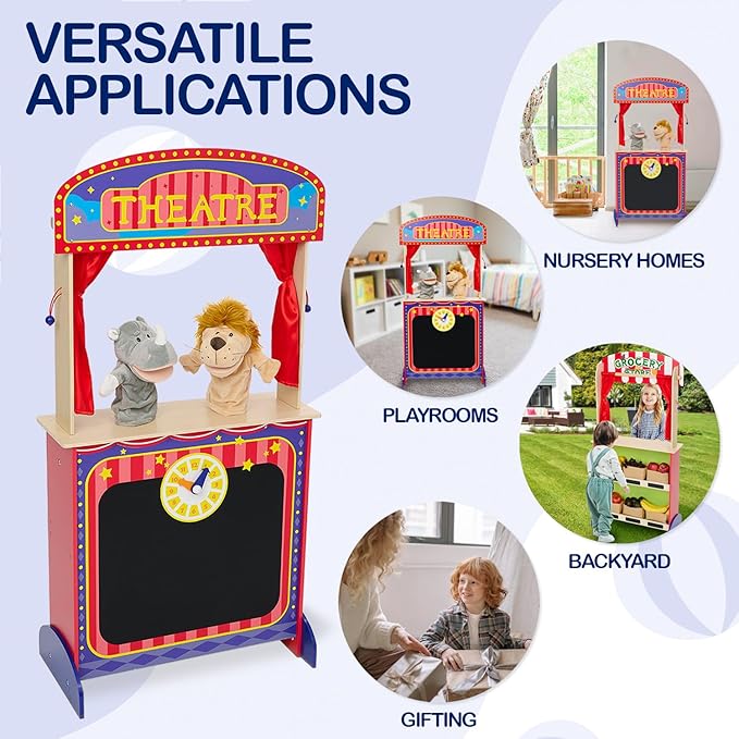 Monläurd® Wooden Puppet Theater for Kids – Montessori Pretend Play Stage, Puppet Show Set for Ages 4-8, Daycare & Home Use