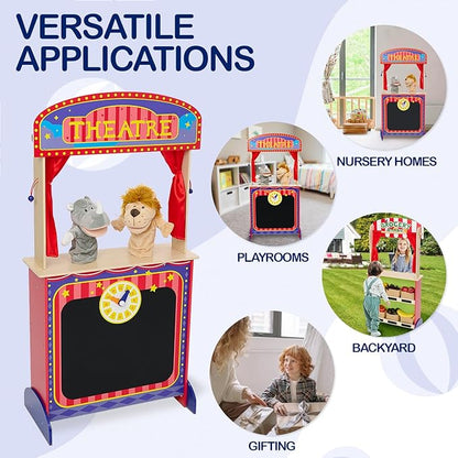 Monläurd® Wooden Puppet Theater for Kids – Montessori Pretend Play Stage, Puppet Show Set for Ages 4-8, Daycare & Home Use