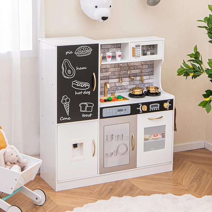 HONEY JOY Upgrade 39 in Kids Kitchen Playset, Large Wooden Little Chef Pretend Toy Kitchen Set w/Chalkboard, Telephone, Utensils, Oven, Microwave, Sink, Storage, Play Kitchen for Toddlers (Golden)