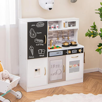 HONEY JOY Upgrade 39 in Kids Kitchen Playset, Large Wooden Little Chef Pretend Toy Kitchen Set w/Chalkboard, Telephone, Utensils, Oven, Microwave, Sink, Storage, Play Kitchen for Toddlers (Golden)