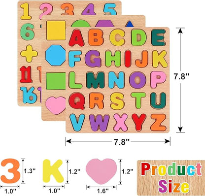 Attmu Wooden Puzzles for Toddlers 1 2 3 4 5 Year Old, Alphabet Number Puzzle Shape ABC Puzzle, 3 in 1 Preschool Educational Learning Toys with Puzzle Board for Girls Boys Set of 3