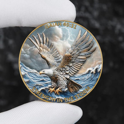 Eagle & Isaiah 40:31 Challenge Coin - Inspirational Christian Prayer Coin - Strength in The Storm - Pocket Gift with Clear Case(Pack of 5)