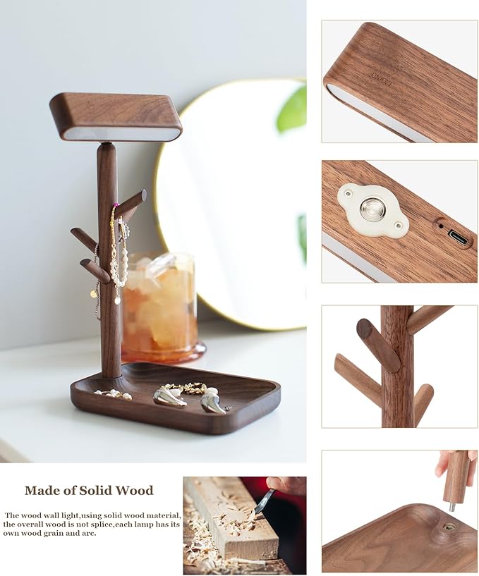 Wooden Table Lamp Tree Trunk Wood Column Rechargeable Led Desk Lamps Magnetic 360°Rotate Battery Powered Wall Night Lights for Bedside Living Edge Table (Black Walnut)