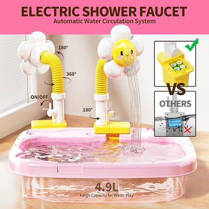 Water Table Play Sink Toys for Toddlers, Kids Play Kitchen Sink with Running Water, 360° Electric Faucet, Floating Fishing Game, Sensory Water Table Toys for Boys Girls Summer Gifts - Pink