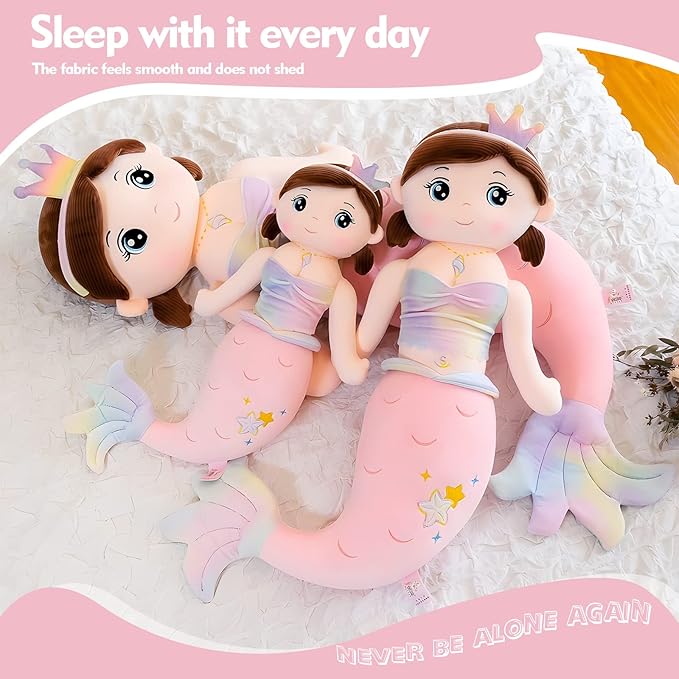 Mermaid Stuffed Animal Plush, 23.6in Cute Soft Pink Hugging Mermaid Plushies Pillow Toys Kawaii Birthday Gift for for Adults Kids Boys Girls
