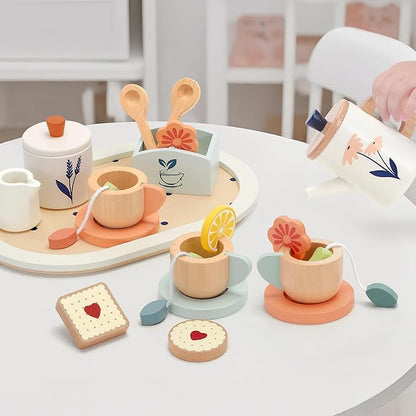 Wooden Tea Set for Toddlers,Wooden Tea Party Set for Kids Pretend Play Food Toy Set Kitchen Accessories Tea Time Party with Play Food for Girls and Boys 3 Years and up