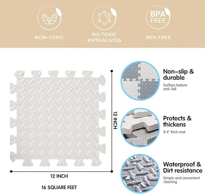 16 Tiles Foam Play Mat for Baby, Soft & Safe EVA Foam Mats for Floor, Square Baby Play Mat, Solid Colored Kids Foam Puzzle Floor Mat, 47x47 Play Mat for Playpen(Whit/Gray)