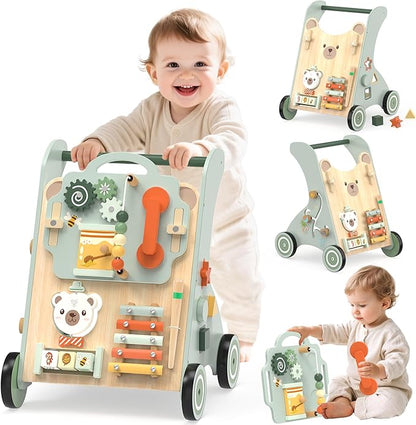 Wooden Baby Walker, Adjustable Speed Baby Push Walker for 1 Year Old, 10-in-1 Montessori Walker for Boys & Girls, Toddler Sit-to-Stand Learning Toy with Detachable Busy Board