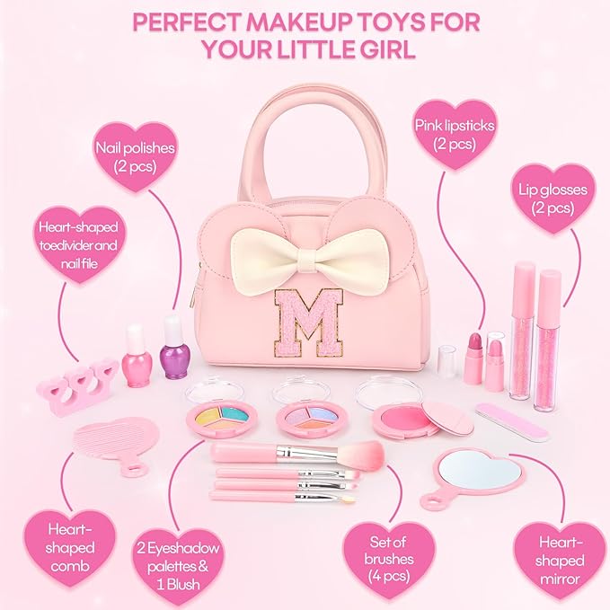 Kids Real Makeup Kit for Girls - 18Pcs Non-Toxic Washable Make Up Toys with Initial Toddler Purse - Personalized Birthday Gifts for Age 3 4 5 6 7 8 9 10 Years Old Girls Vanity Set - M