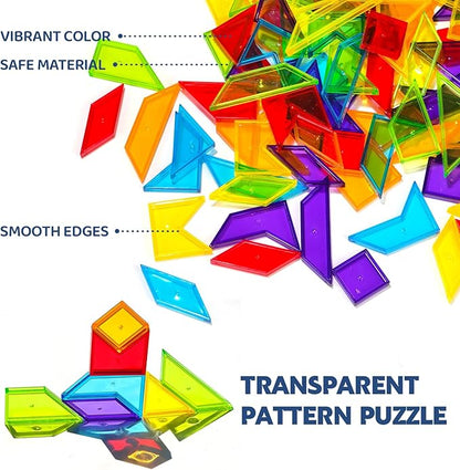 Transparent Pattern Blocks, 126 Pcs Geometric Shapes Blocks, Tangram Puzzles, Practice Sorting Counting Patterning, Math Manipulatives for Kids, Back to School Supplies, Teacher Supplies