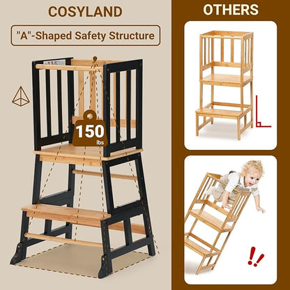 COSYLAND Kids Kitchen Step Stool Helper - Wooden Standing Tower for Kids with Anti-Tip Support Legs - Mothers' Helper Kids Learning Stool for Kitchen Counter (Black & Natural)