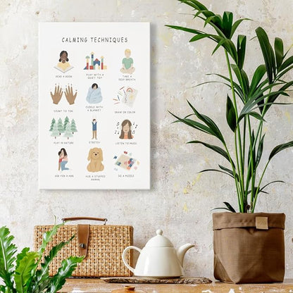 uoyien Calming Corner Classroom Mental health Poster Feelings Calming Techniques Canvas Wall Art Boho Emotions Chart for Kids Prints Special Education Wall Decor for School 16x22in Wood Framed