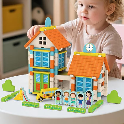 182PCS Wooden Building Blocks Set for Toddlers, Construction City Stacking Toys, Preschool Learning Educational Toys for Kids 3+ Years Girls and Boys (School)