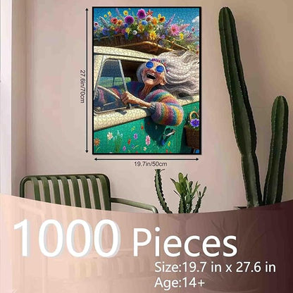 Colorful Grandma Driving Jigsaw Puzzle 1000 Piece for Adults Students 20×27 Inches Floral Hippie Retro Car Theme Vibrant Flower Design Puzzles Relaxing Gift Home Decor Stress Relief Challenge