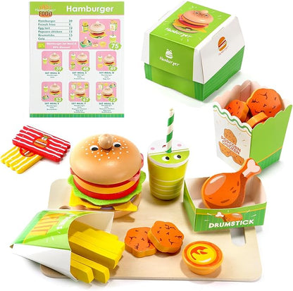 Wooden Hamburger Play Food Set for Kids, Fast Food Playset with Tray, Pretend Play Kitchen Accessories for Toddlers