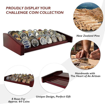 8 Rows Military Challenge Coin Display Stand - Holds 60-70 Coins, Solid Wood Army Police Coin Rack Display Holder for Desktop, Mahogany