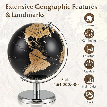 8" World Globe, Black Earth Globe with Gold Accents, Metal Stand, Non-slip Base & Time Zone, Decorative Tabletop Desk Globes for Classroom, Office & Home