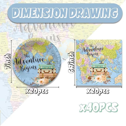Around The World Party Decorations 40Pcs Adventure Awaits Birthday Plates and Napkins Supplies Baby Shower Graduation Retirement Decor Globe Travel Themed Party Decorations Serve 20