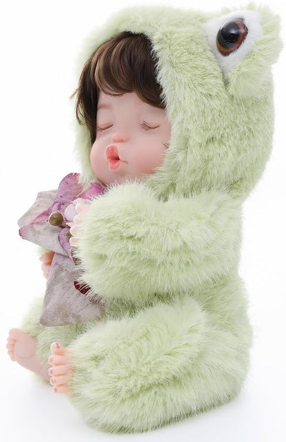 Reborn Baby Doll 10 Inch – Realistic Vinyl Sleeping Girl in Soft Green Frog Outfit – Comfort Doll Gift for Girls & Collectors