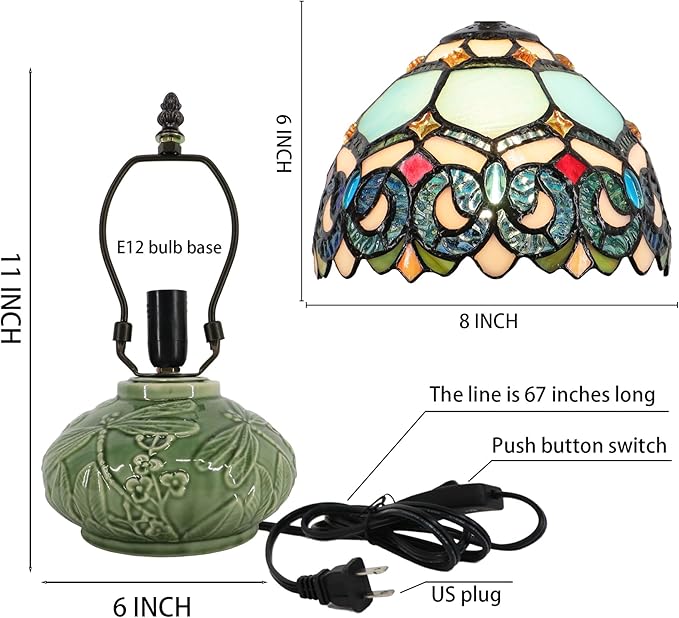 Small Tiffany Lamp Mushroom Table Lamp, Mini Stained Glass Desk Light Memory Sympathy Ceramic lamp 8X11 Inch (Sapphire Style)