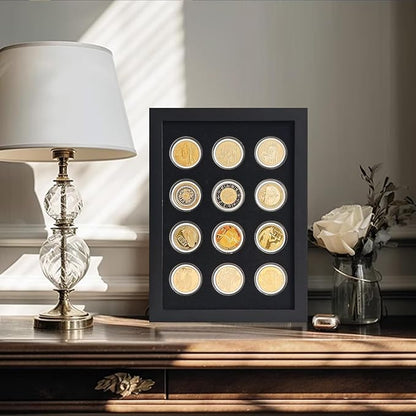 Wooden Challenge Coin Display Shadow Box,12 Coin Display Case,Military Coin Holder Display,Casino Chip Display Case Cabinet Holder,Collector Coin Display Frame ,98% UV Protection,with HD Glass.