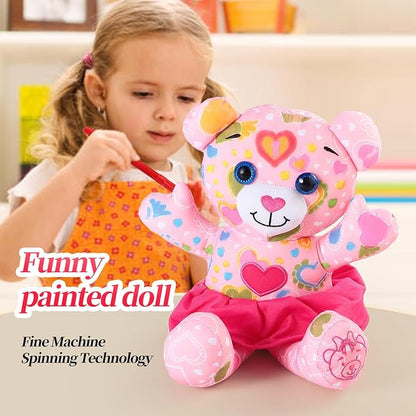 Coloring Plush Toy with 5 Washable Markers for Little Girls Doodle Dolls for Kids Ages 4-6 Birthday (Pink Bear)