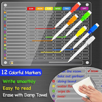 PigPotParty Acrylic Magnetic Chore Chart for Family & Multiple Kids – 16"x12" Large Dry Erase Chore Board for Fridge, Daily & Weekly Responsibility Chart for Adults, Includes 12 Markers & 1 Towel