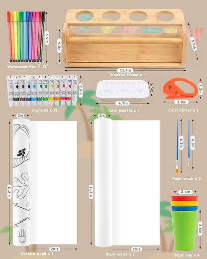 Paper Roll Dispenser for Kids Art Tabletop Easel with Blank & Patterned Paper Rolls, 12 Pigments, Drawing Tools, Pen Cups Craft Station for Kids Ages 3-8 in Home, Classroom