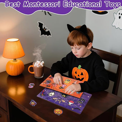 2Pcs Halloween Wooden Peg Puzzles Toys Magnetic Wooden Fishing Game for Toddlers Educational Puzzle for Years Old 3-5 Boy Girl Kid Halloween Basket Stuffers Fillers Gifts