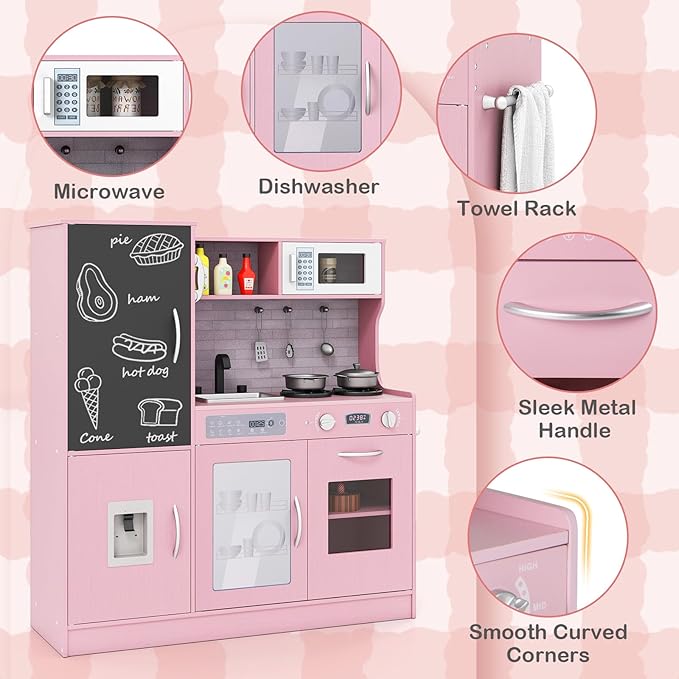HONEY JOY Upgrade 39 in Kids Kitchen Playset, Large Wooden Little Chef Pretend Toy Kitchen Set w/Chalkboard, Telephone, Utensils, Oven, Microwave, Sink, Storage, Play Kitchen for Toddlers, Pink