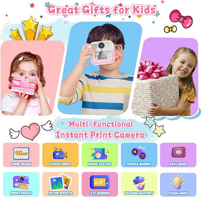 Kids Camera for Girls, 1080P Instant Print Camera, Kids Christmas Birthday Gifts Girls Toys, Children Digital Camera with 32GB Card, Toddler Camera Portable Toys for 3 4 5 6 7 8 9 Year Old Girl Pink