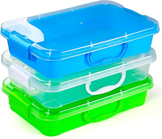3 Pcs Sand Tray Sensory Bin with Lid and Handle, Portable Sensory Sandbox Container for Kids, Plastic Activity Tray for Toddlers (Transparent+Green+Blue)